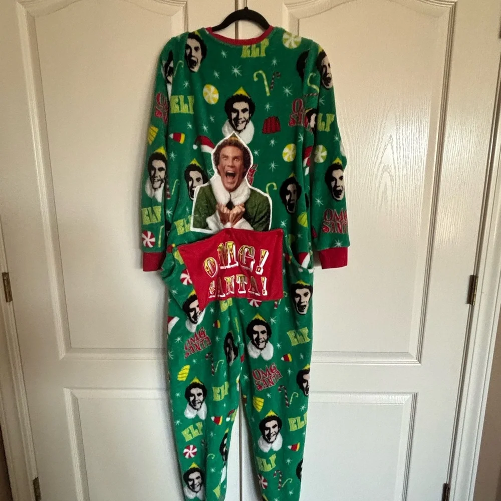Buddy the Elf plush zip front Christmas drop seat union suit size Large